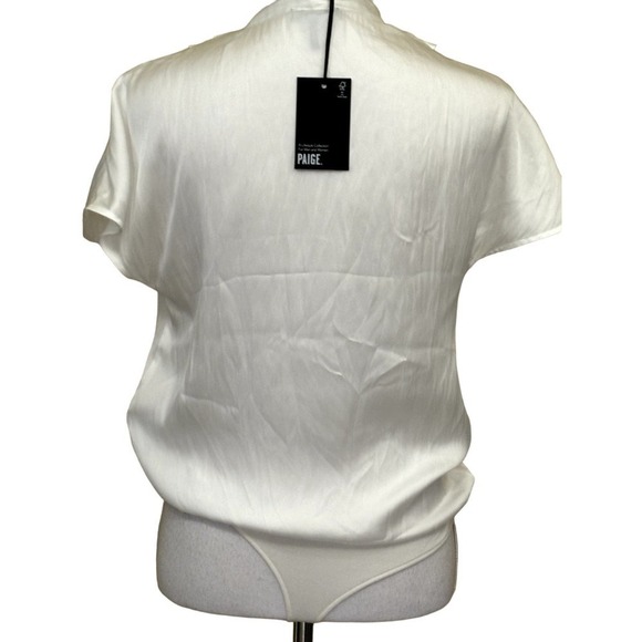 NWT Paige Dijon thong bodysuit, white, extra small, draped mock wrap front - Picture 7 of 13